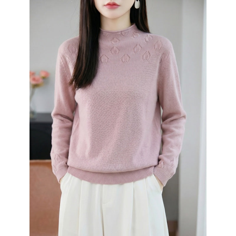 Damen Leichter Stehkragenpullover mit floralem Ajour‑Yoke und feiner Rippkante Shop Nory