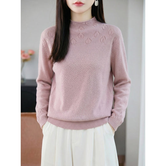 Damen Leichter Stehkragenpullover mit floralem Ajour‑Yoke und feiner Rippkante Shop Nory