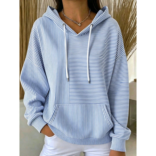 Damen Oversize Kapuzenpullover mit feinem Streifenprint, Kängurutasche und V-Ausschnitt-Kapuze Shop Nory