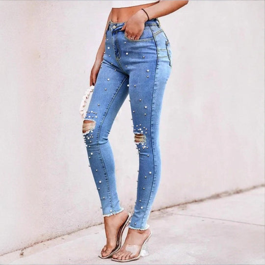 Damen Perlenverzierte High-Waist Skinny-Jeans mit Knie-Rissen und rohem Saum Shop Nory