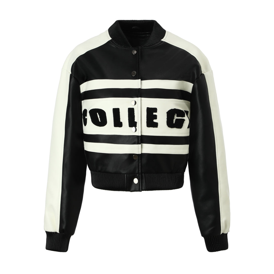 Damen Cropped College‑Bomberjacke aus Kunstleder mit kontrastierenden Streifen und Druckknöpfen Shop Nory