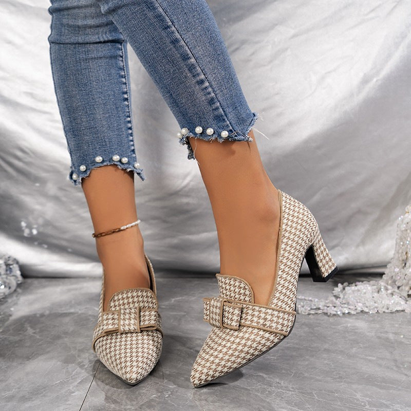 Damen elegante Pumps mit ausgefallenem Karomuster und modischem Schleifendesign