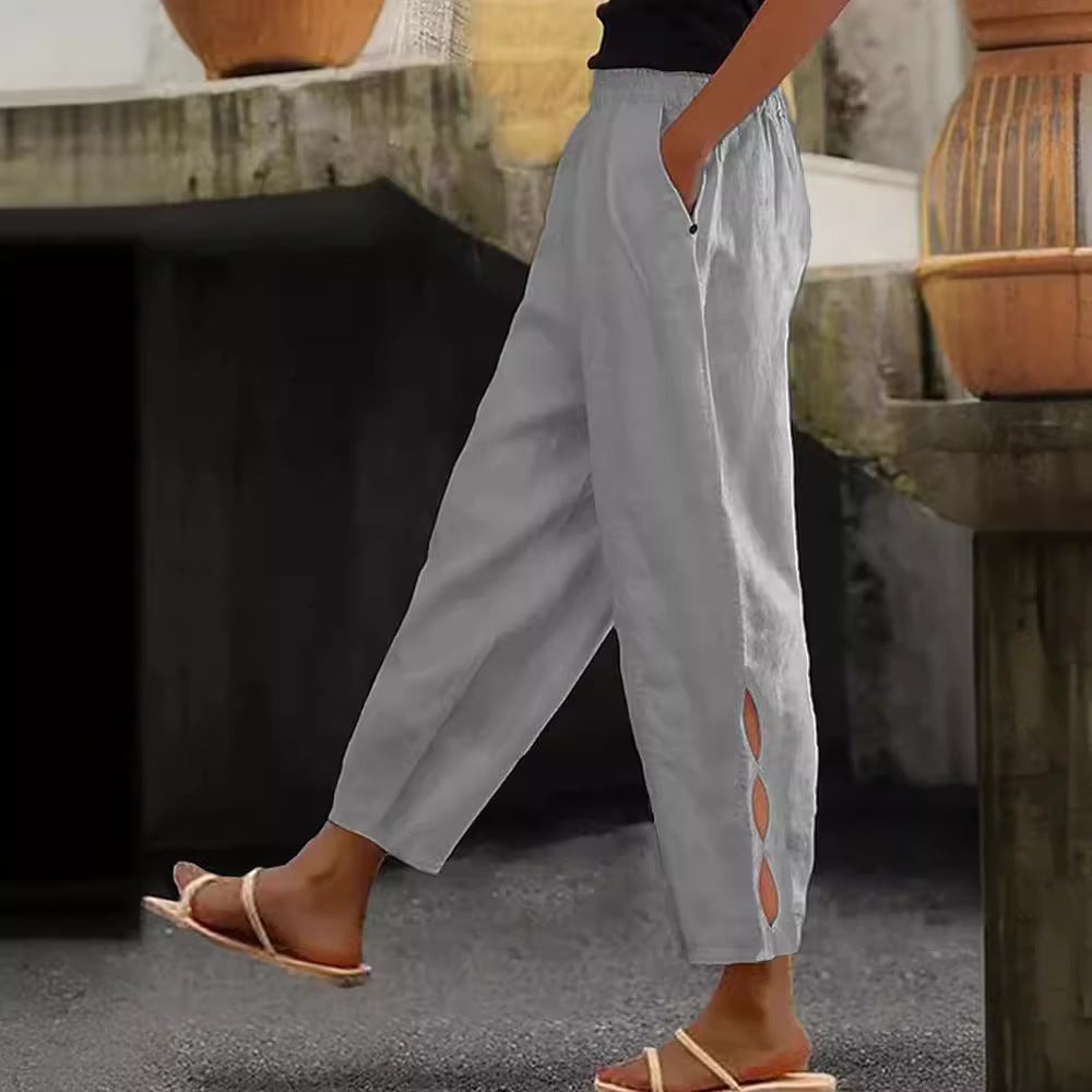 Damen Leichte Leinenhose mit seitlichen Schlitzen und elastischem Bund