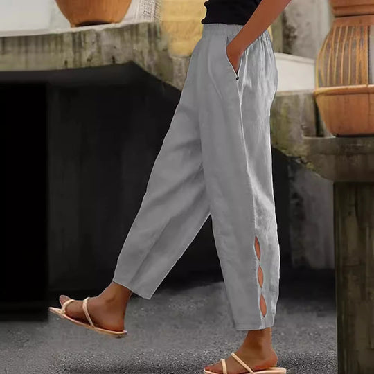 Damen Leichte Leinenhose mit seitlichen Schlitzen und elastischem Bund