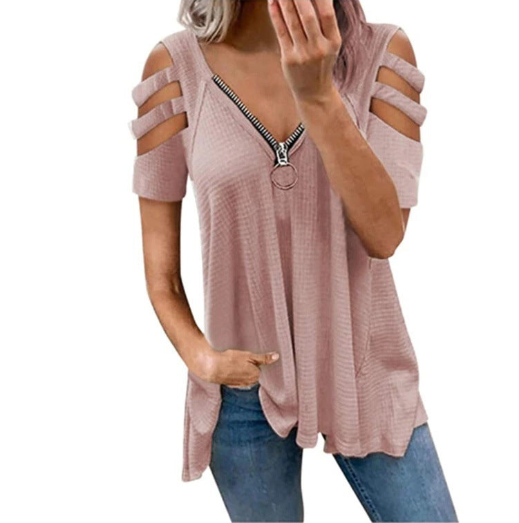 Damen lässiges Oberteil mit modischen Cut-Out-Details und Reißverschluss Shopnory