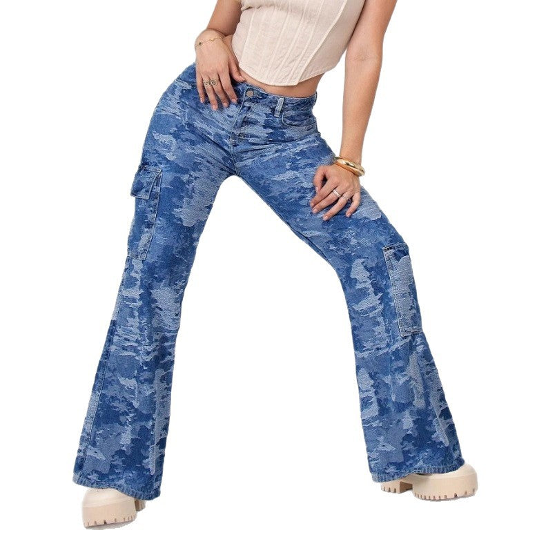 Damen Taillenhohe Palazzo-Cargo-Jeans aus Camouflage-Denim mit aufgesetzten Taschen Shop Nory