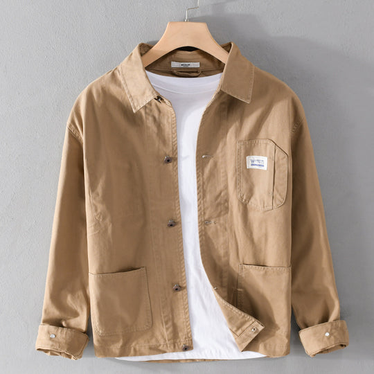 Herren Leichte Baumwoll-Chorejacke im Worker‑Stil mit Kentkragen und aufgesetzten Taschen Shop Nory