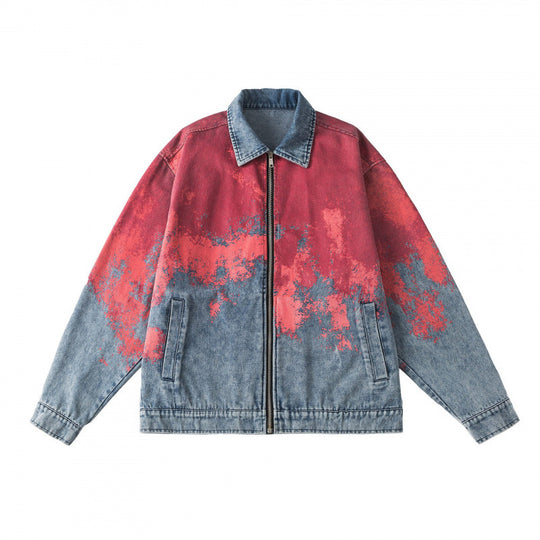 Unisex Oversize-Jeansjacke mit Farbverlauf-Print, Reißverschluss und Hemdkragen Shop Nory