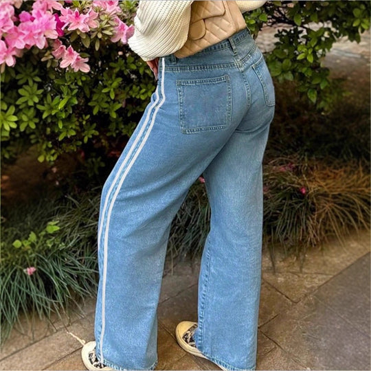 Damen weite High-Waist Denim-Jeans mit seitlichem Kontraststreifen Shop Nory