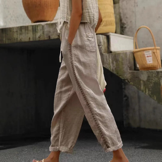 Damen lässige Leinenhose mit seitlichen Schneidern