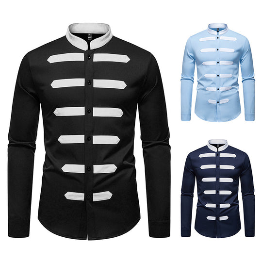 Herren Slim-Fit Hemd mit Stehkragen und dekorativen Paspelstreifen Shop Nory