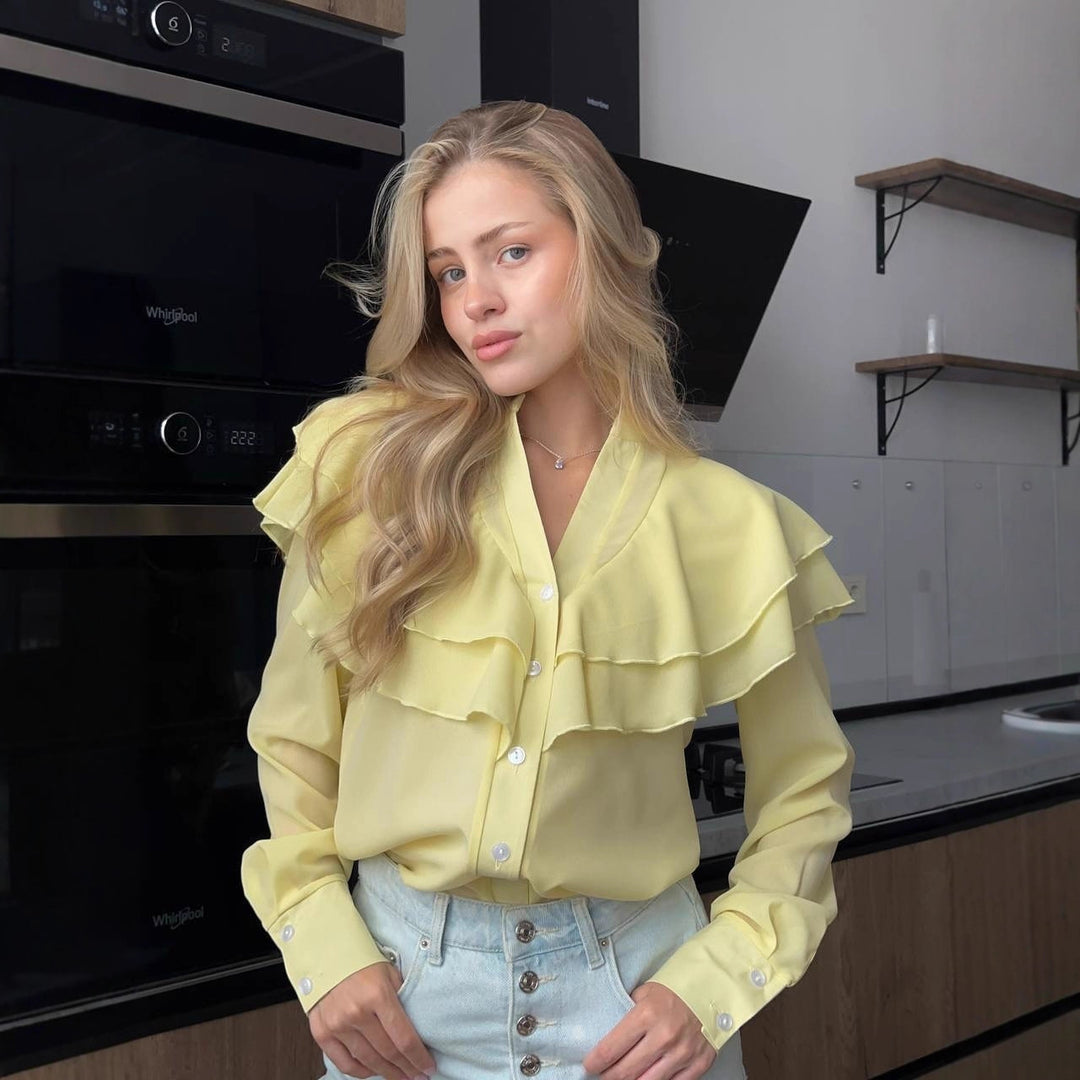 Damen Chiffon-Bluse mit mehrlagiger Volant-Rüsche und Perlmuttknöpfen Shop Nory