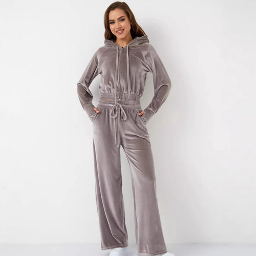 Damen luxuriöses Velours-Lounge-Set mit kurzem Reißverschluss-Hoodie und weitem Comfort-Hose Shop Nory