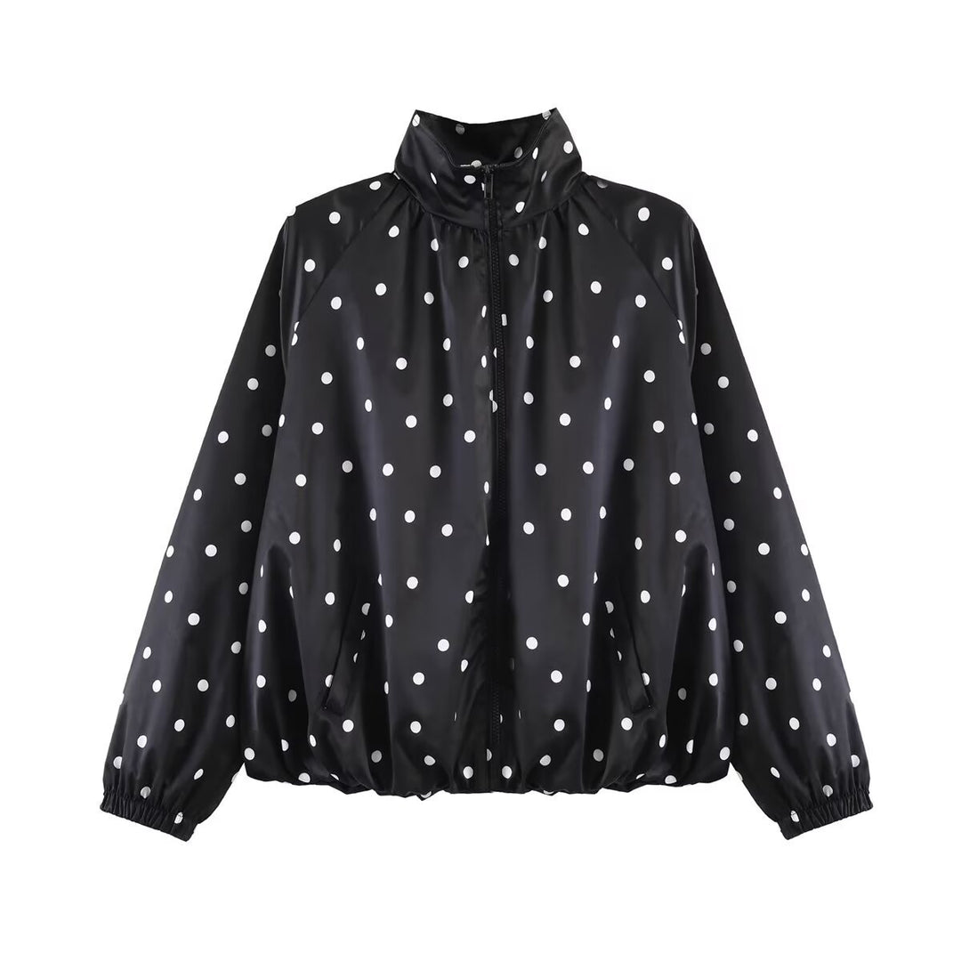 Damen Leichte gepunktete Blousonjacke mit Stehkragen, Reißverschluss und elastischem Saum Shop Nory