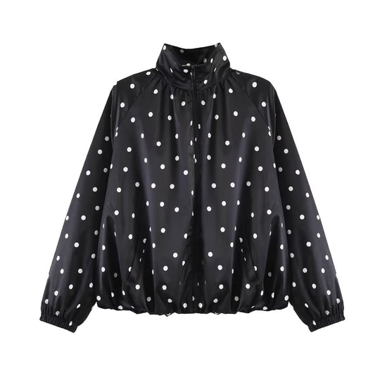Damen Leichte gepunktete Blousonjacke mit Stehkragen, Reißverschluss und elastischem Saum Shop Nory