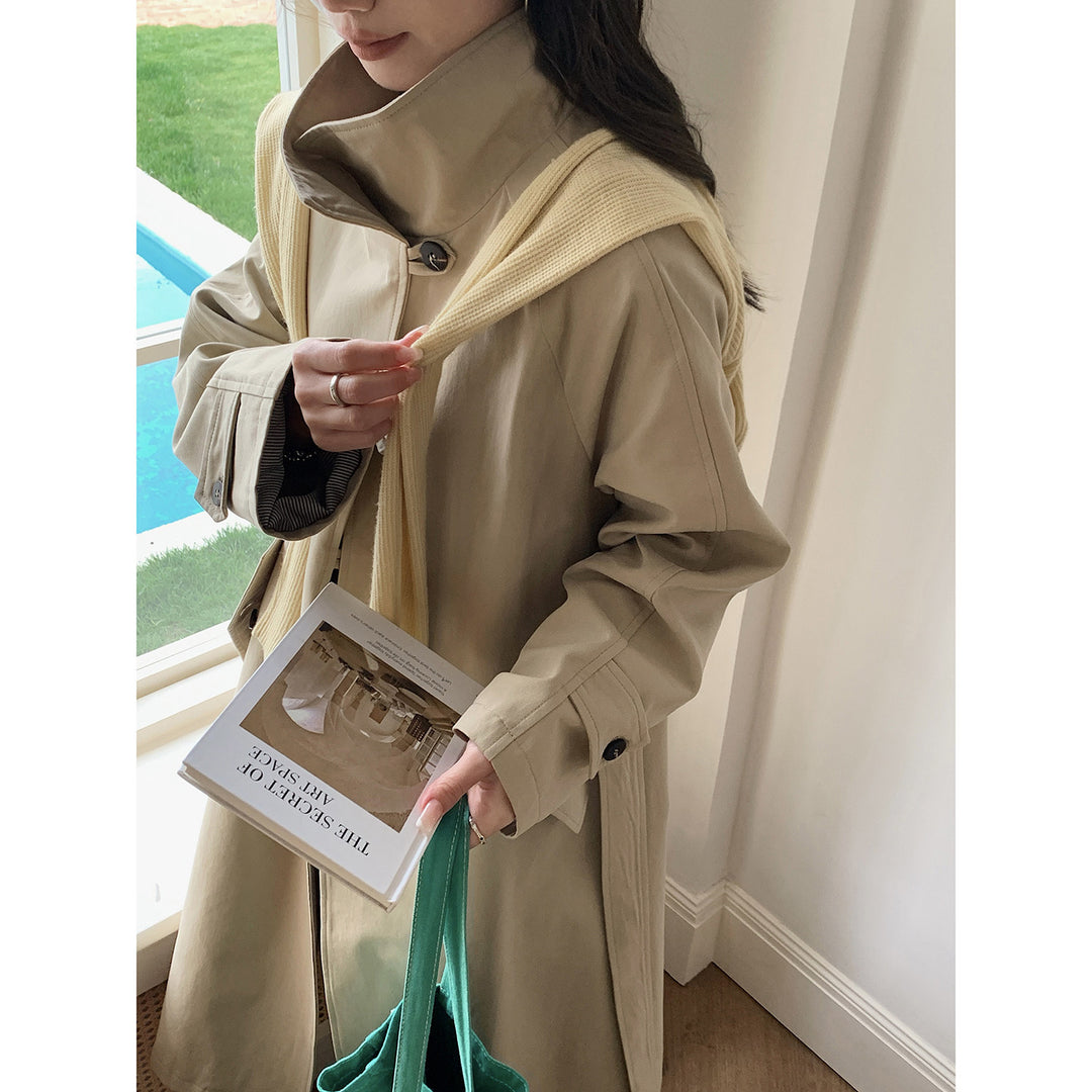 Damen Langer Trenchcoat mit hohem Stehkragen und Raglanärmeln Shop Nory