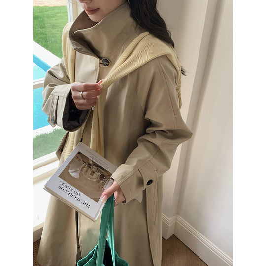 Damen Langer Trenchcoat mit hohem Stehkragen und Raglanärmeln Shop Nory