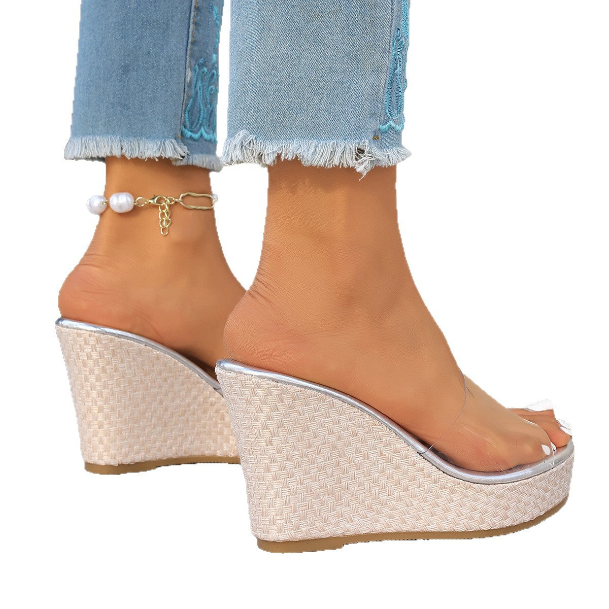 Damen Wedge-Sandalen mit transparentem Riemen und luxuriösem Kork-Design