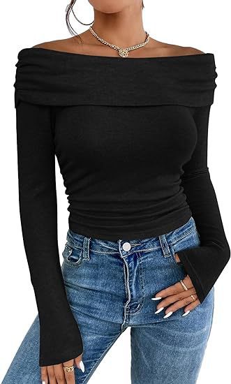 Damen Figurbetontes Schulterfreies Langarm Feinstrickshirt mit Carmenausschnitt Shop Nory