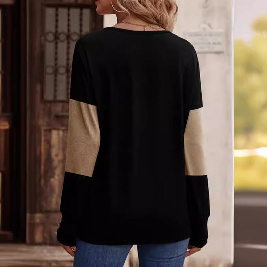 Damen Feinstrick-Pullover mit V‑Ausschnitt, Colorblock und Zierknopf‑Manschetten Shop Nory