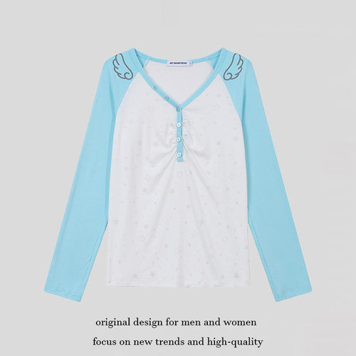 Damen Langarm-Henleyshirt mit Raglanärmeln, Raffung und Sternenprint Shop Nory
