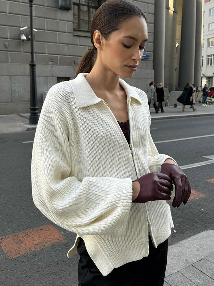 Damen Gerippte Strickjacke mit Reißverschluss, Hemdkragen & Ballonärmeln Shop Nory