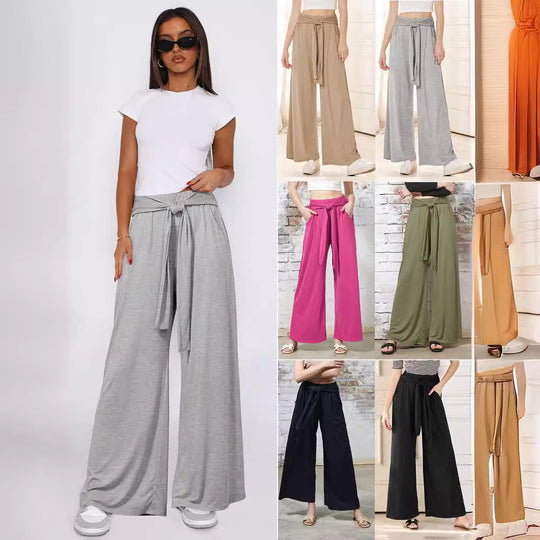 Damen Hochtaillierte Weite Palazzo-Hose mit Selbstbindendem Taillenbund und Seitentaschen Shop Nory