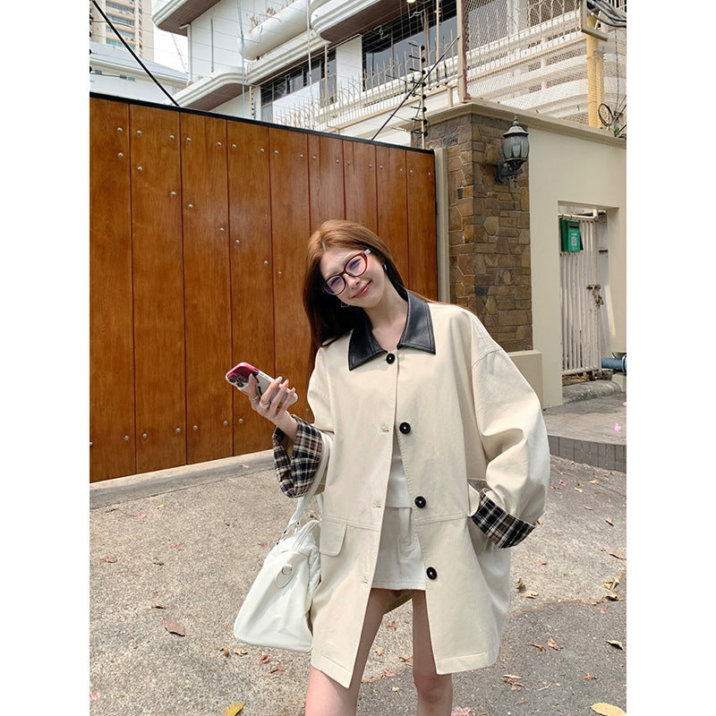 Damen Kurzjacke im Oversize-Trenchstil mit kontrastkragen aus Kunstleder und karierter Umschlagmanschette Shop Nory