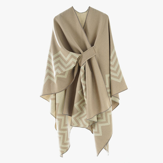 Damen Oversize Rechteck-Cape mit Jacquard-Zickzackmuster und Bindegürtel Shop Nory