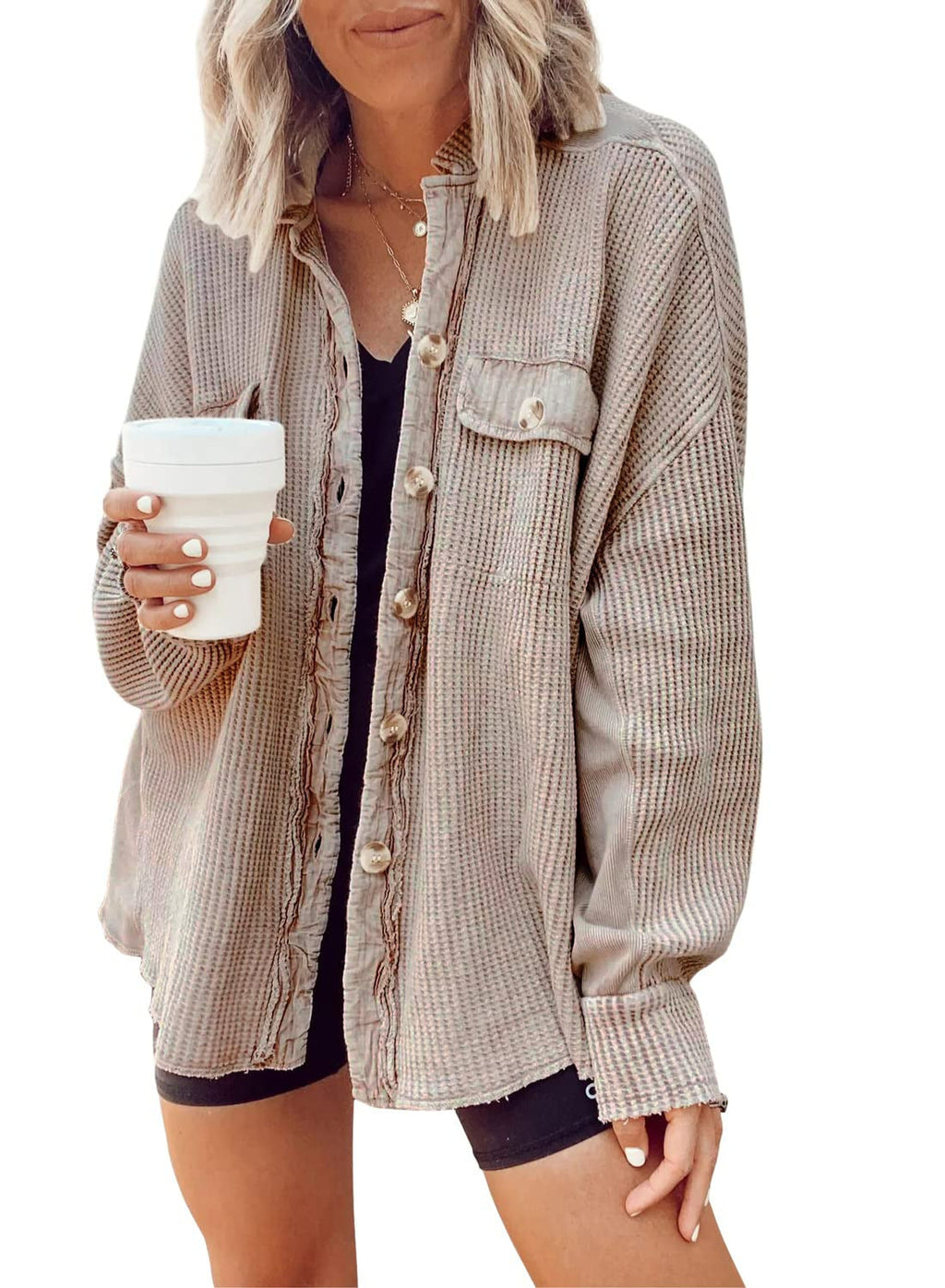 Damen Lässige Waffle-Strickjacke mit praktischen Taschen und Knopfdetails