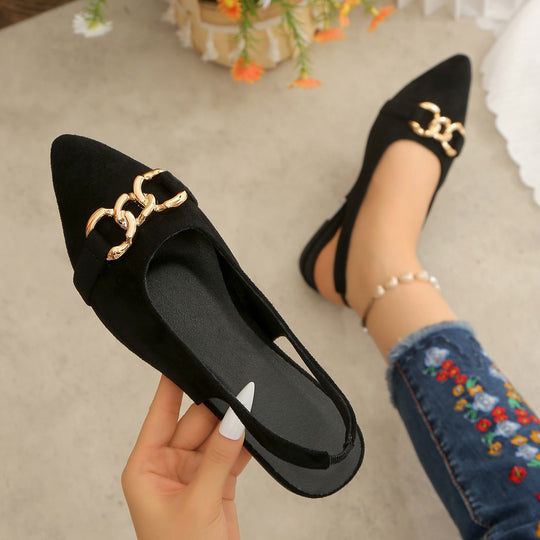 Damen Ballerinas mit Fersenriemen, spitzer Kappe und goldener Kettenverzierung Shop Nory