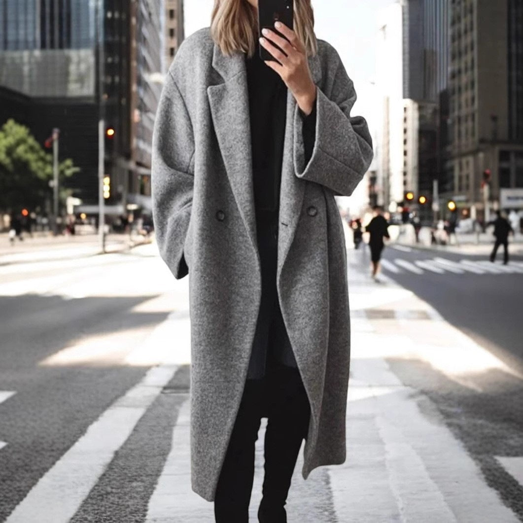 Damen Langmantel aus Wollmix mit doppelreihiger Knopfleiste und weitem Revers Shop Nory