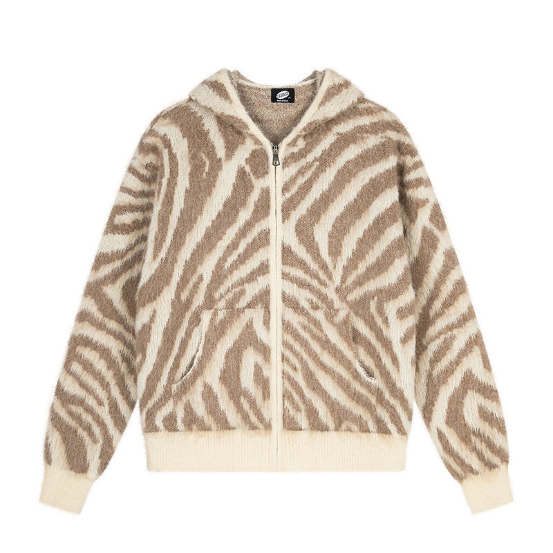 Damen Flauschige Zip-Kapuzen-Strickjacke mit Zebra-Jacquard und Kängurutasche Shop Nory