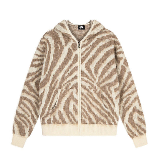 Damen Flauschige Zip-Kapuzen-Strickjacke mit Zebra-Jacquard und Kängurutasche Shop Nory