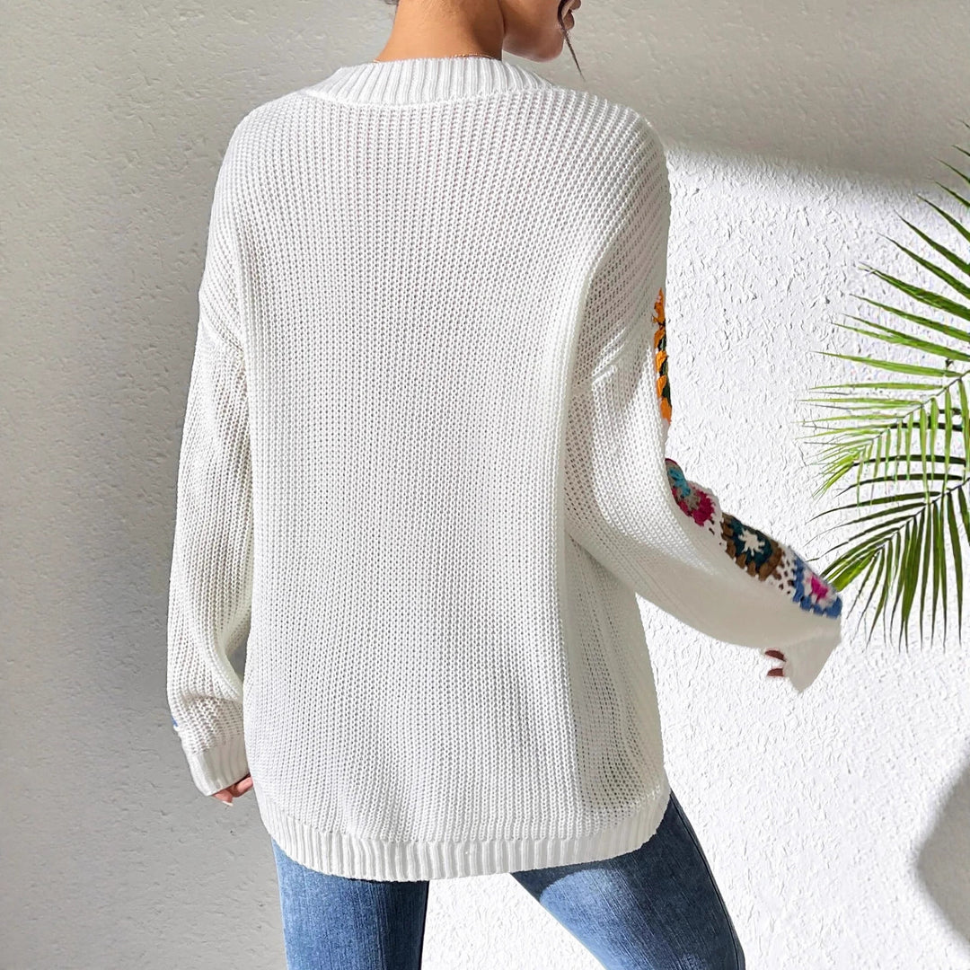 Damen Modischer Strickpullover mit V-Ausschnitt und bunten Stickereien
