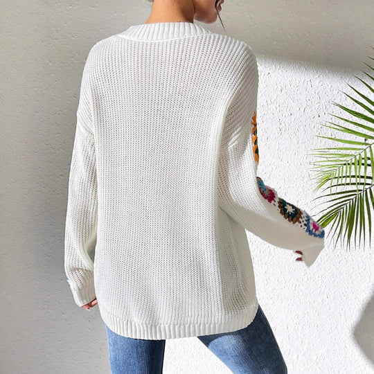 Damen Modischer Strickpullover mit V-Ausschnitt und bunten Stickereien