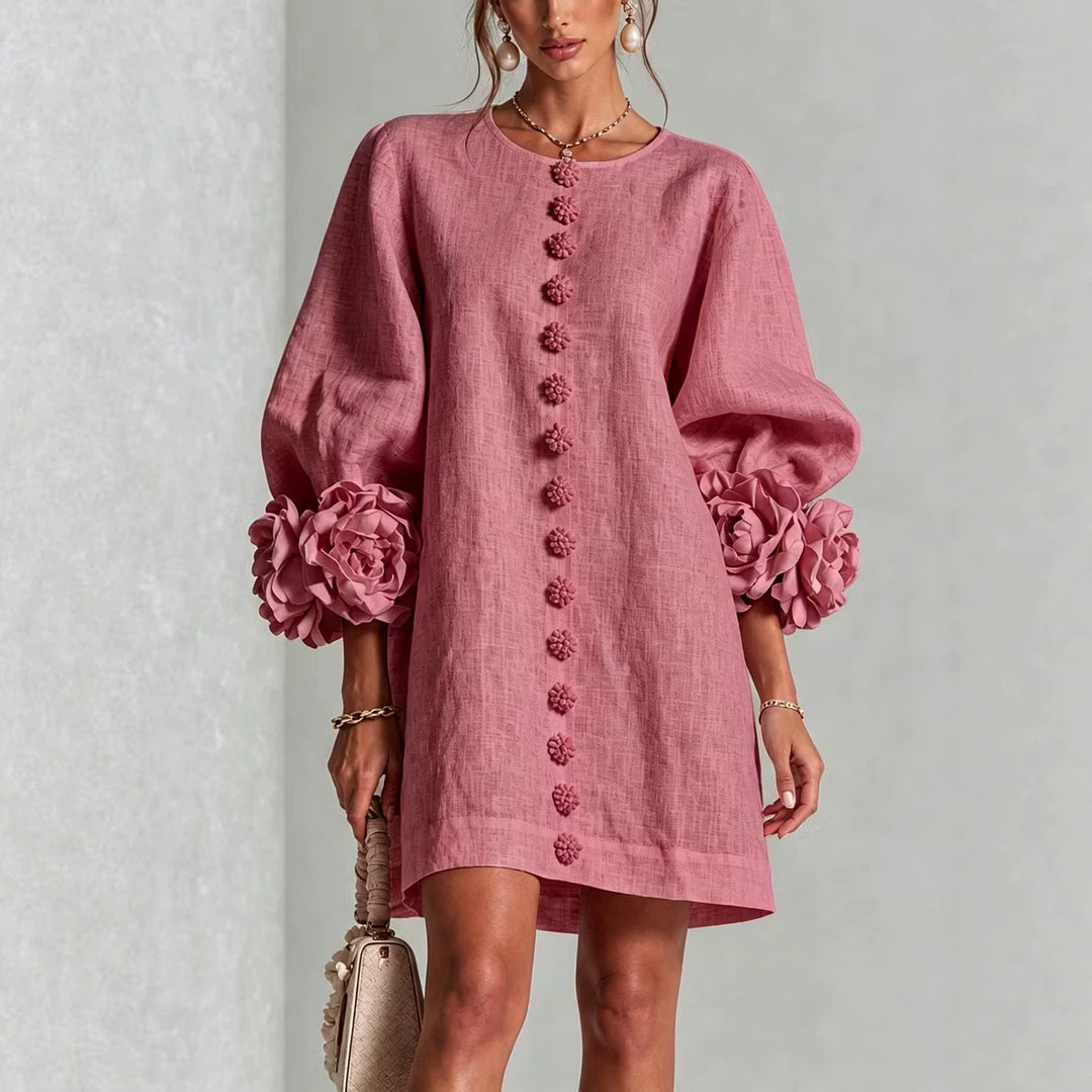 Damen Leinenkleid im A‑Linien‑Schnitt mit Ballonärmeln und 3D‑Blütenverzierung Shop Nory