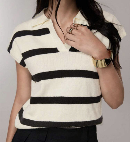 Damen Gestreiftes Kurzarm-Stricktop mit V-Kragen und überschnittener Schulter Shop Nory