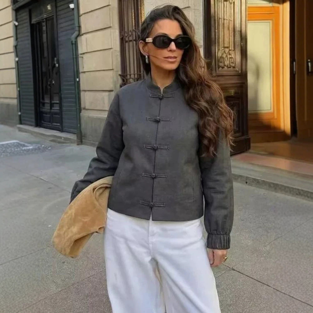 Damen Kurzjacke mit Stehkragen, chinesischen Knotenverschlüssen und elastischen Bündchen Shop Nory