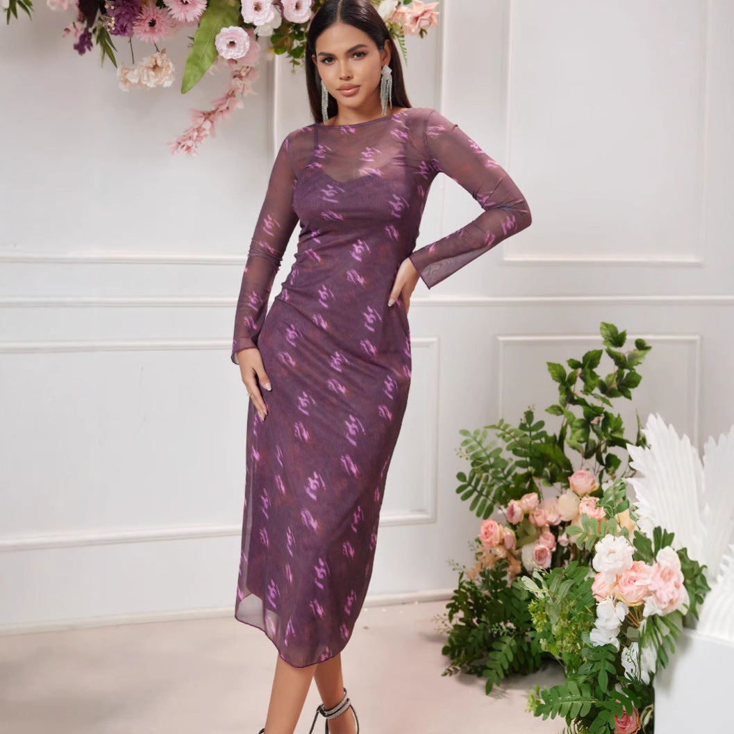 Damen Figurbetontes Midi-Kleid mit transparentem Mesh-Overlay Shop Nory