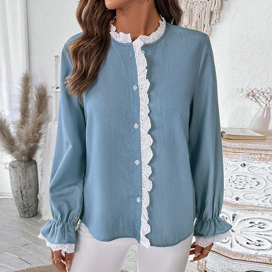Damen Locker fallende Viskose-Bluse mit Spitzenbesatz und Stehkragen Shop Nory