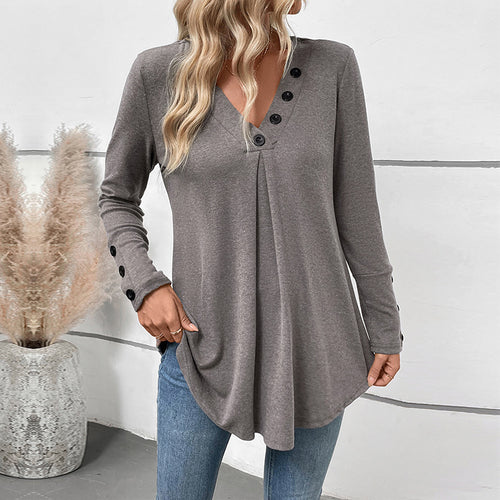 Damen Längeres V‑Ausschnitt‑Tunika‑Shirt mit Zierknöpfen, Kellerfalte und ausgestelltem Saum Shop Nory