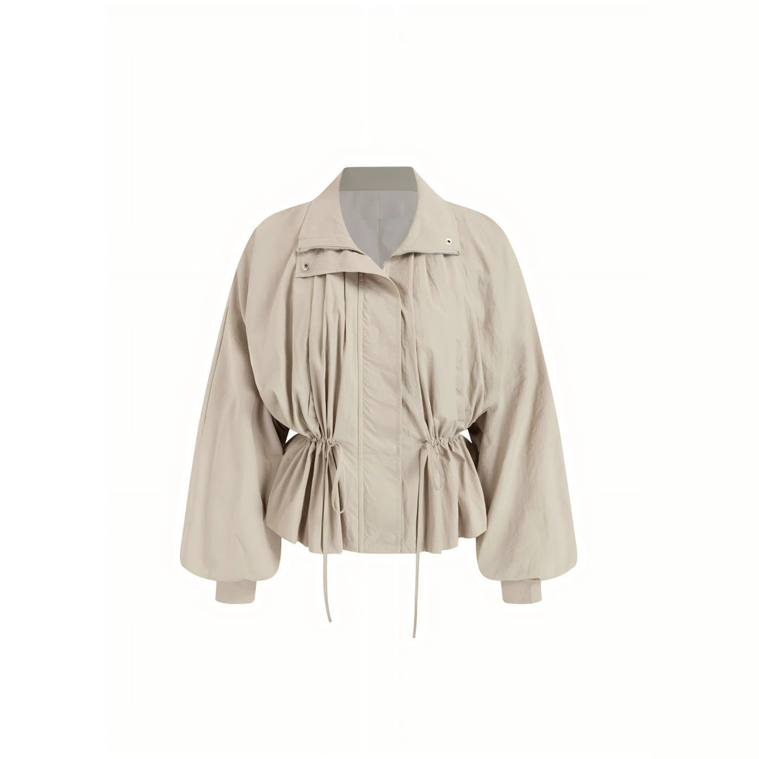 Damen Taillierte Übergangsjacke mit Tunnelzug, Stehkragen und Ballonärmeln Shop Nory