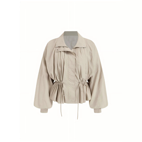 Damen Taillierte Übergangsjacke mit Tunnelzug, Stehkragen und Ballonärmeln Shop Nory