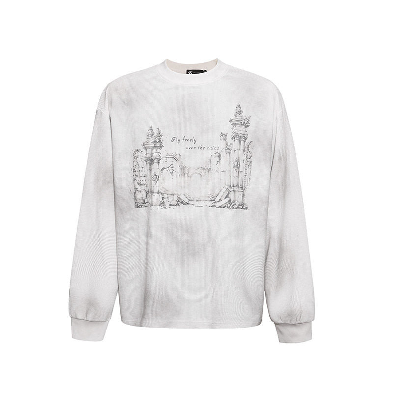 Damen Oversize-Sweatshirt mit Waffelstruktur, Rundhalsausschnitt und Ruinen-Skizzenprint Shop Nory