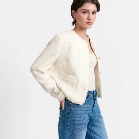 Damen Kurzblazer aus Bouclé mit Perlmuttknöpfen Shop Nory