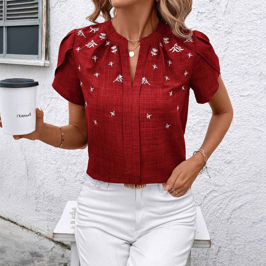 Damen Kurzbluse aus Leinenoptik mit Stehkragen, Zierfalte und floraler Stickerei Shop Nory