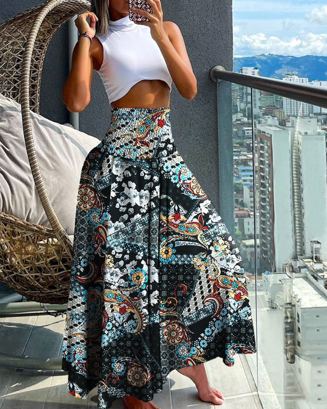 Damen Maxirock mit hohem Smockbund und weitem Boho-Print Shop Nory