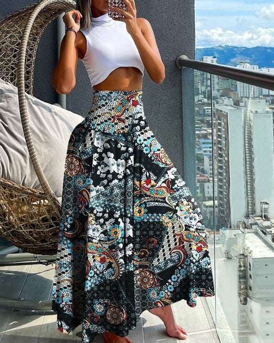 Damen Maxirock mit hohem Smockbund und weitem Boho-Print Shop Nory