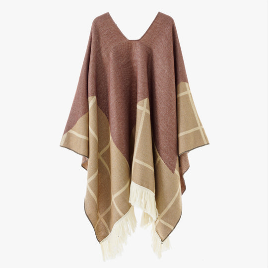 Damen Ornamentaler Jacquard‑Poncho mit V‑Ausschnitt und Fransensaum Shop Nory